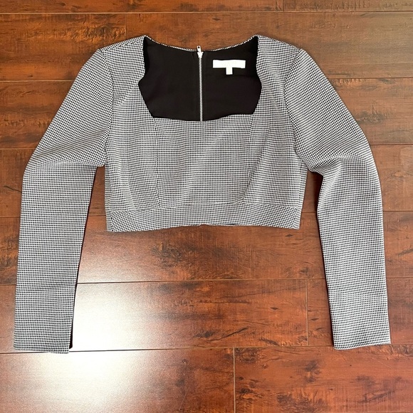 WAYF Houndstooth Black White Checkered Long Sleeve Crop Top Back Zip Size Small - Picture 3 of 11